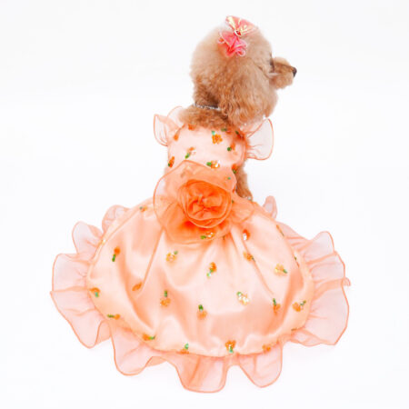 犬猫服1点限り キラキラ刺繡のオレンジフリルハロウィンドレス Sサイズ hw-8