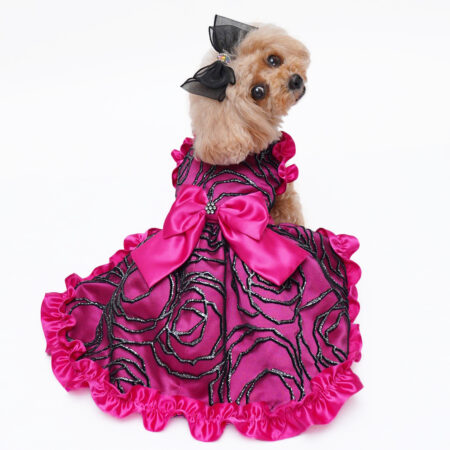 犬猫服1点限り ローズピンクの黒薔薇ドレス Sサイズ hw-11
